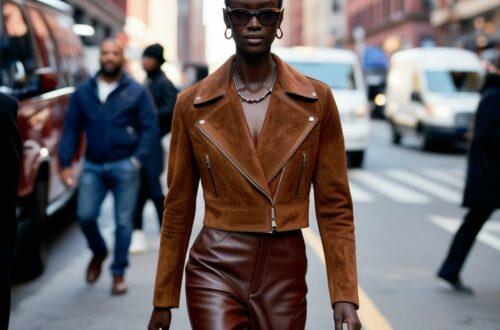 Model in Boston wearing a suede jacket