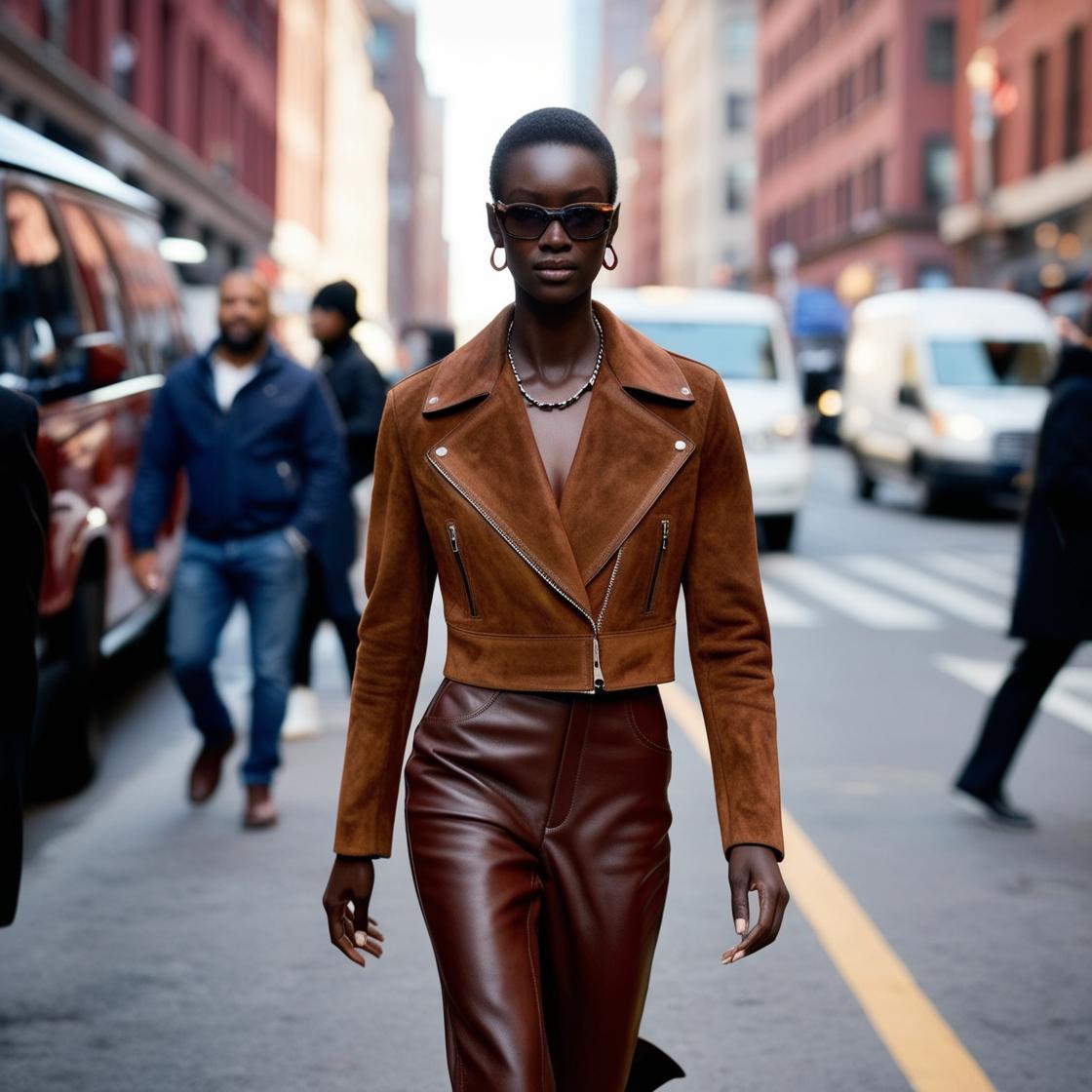 Model in Boston wearing a suede jacket